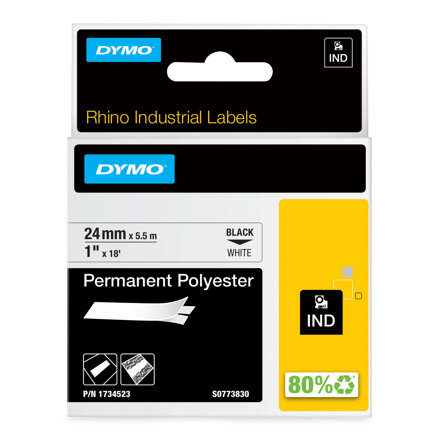 Dymo Rhino permanent polyester label tape 24mm x 5.5m black on white maximum width for large switchboards and process plant