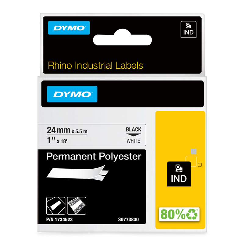 Dymo Rhino permanent polyester label tape 24mm x 5.5m black on white maximum width for large switchboards and process plant