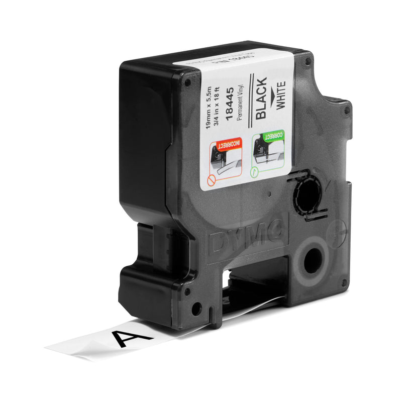 Label printer cartridge with black and white label on a white background