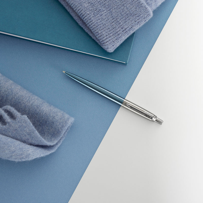 Parker Jotter Ballpoint Pen Waterloo Blue and Chrome Trim Medium Tip