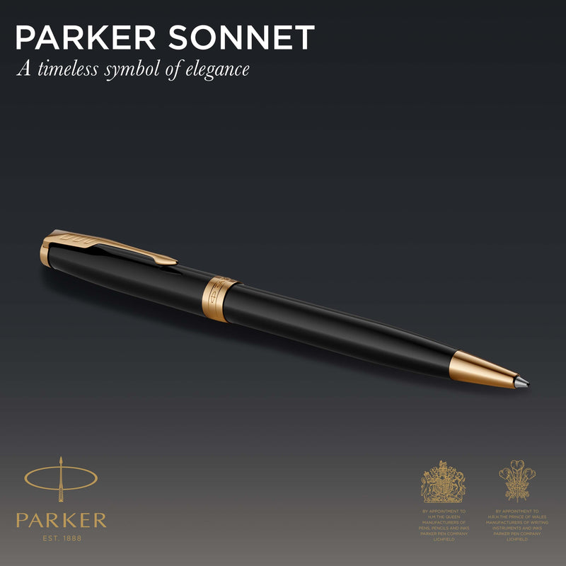 Parker Sonnet Ballpoint Pen Black Lacquer and Gold Trim Medium Tip