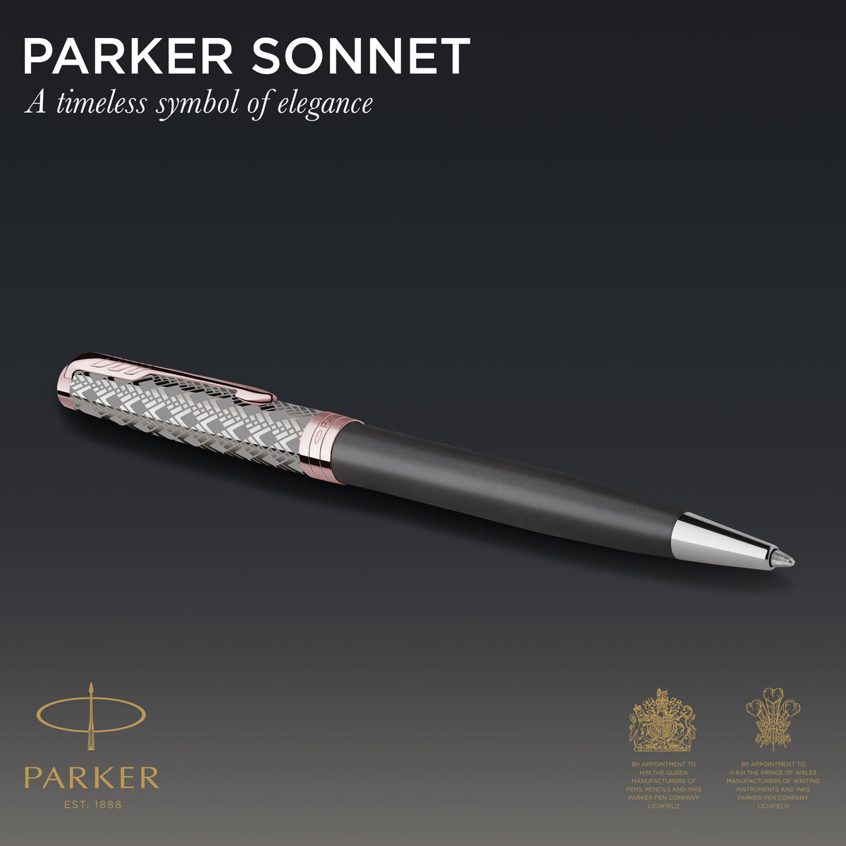 Parker Sonnet Premium Ballpoint Pen Metal Grey Lacquer and Rose Gold Trim Medium Tip