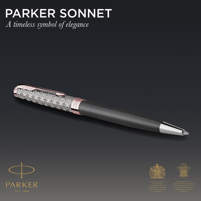 Parker Sonnet Premium Ballpoint Pen Metal Grey Lacquer and Rose Gold Trim Medium Tip