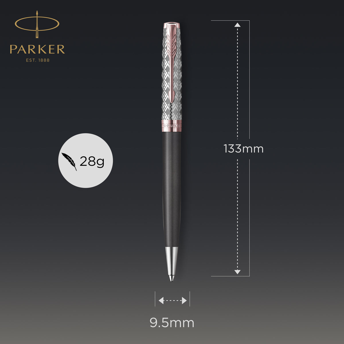 Parker Sonnet Premium Ballpoint Pen Metal Grey Lacquer and Rose Gold Trim Medium Tip