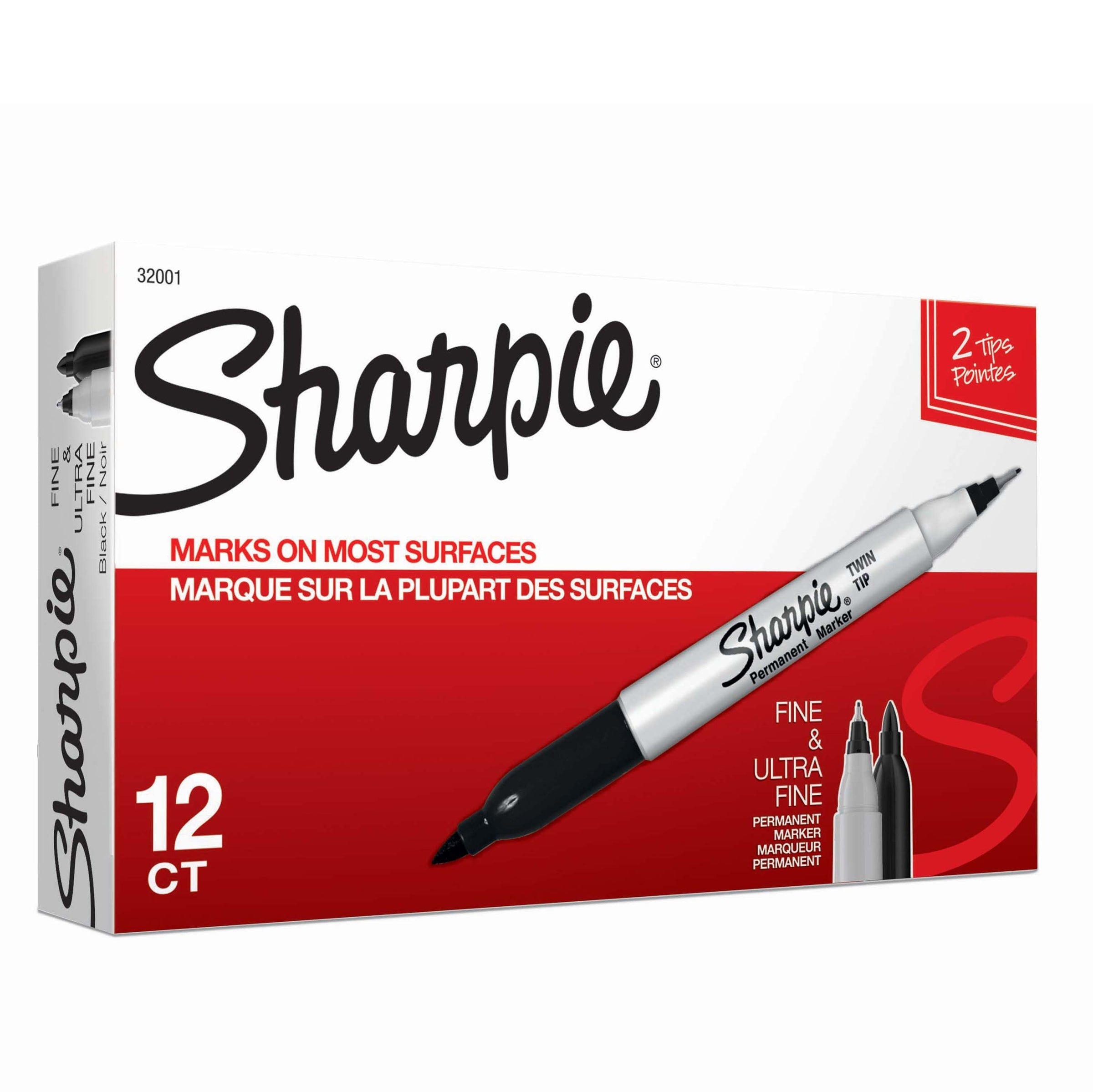Sharpie Twin Tip Permanent Marker, Black - Box of 12 - 3D view