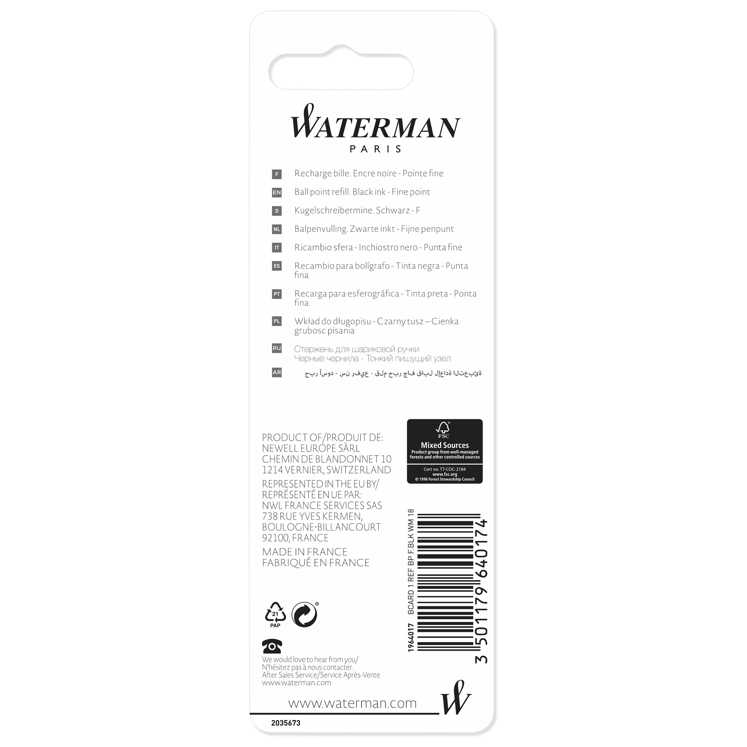 Waterman Ballpoint Refill Fine Black in Blister Pack