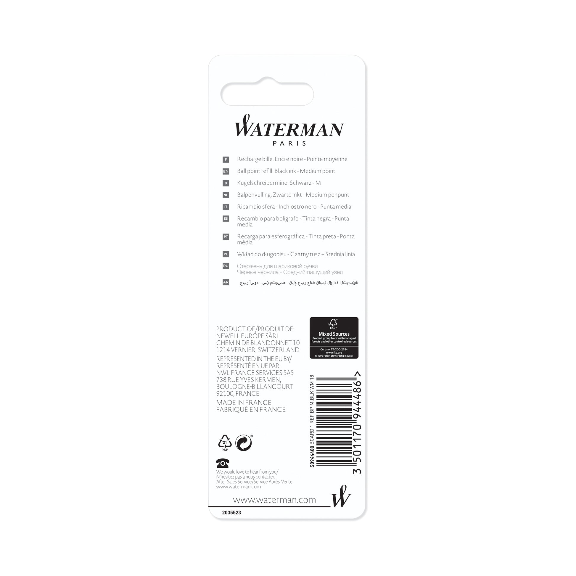 Waterman Ballpoint Refill Medium Black in Blister Pack
