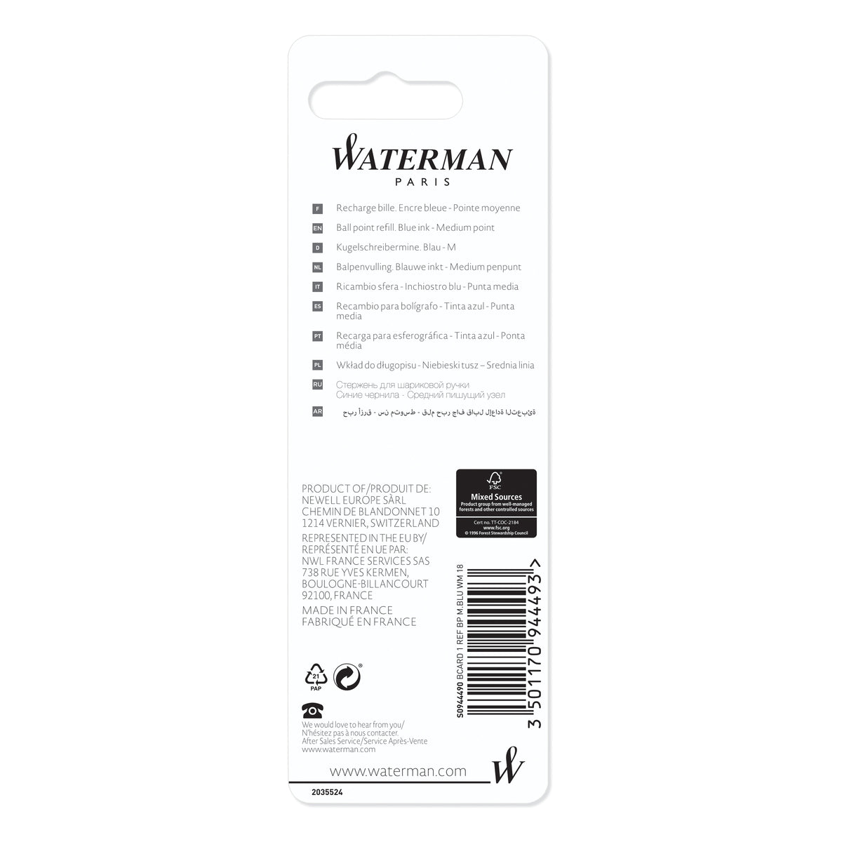 Waterman Ballpoint Refill Medium Blue in Blister Pack