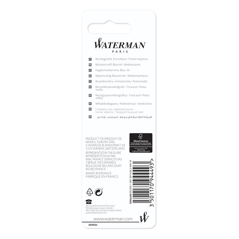 Waterman Ballpoint Refill Medium Blue in Blister Pack