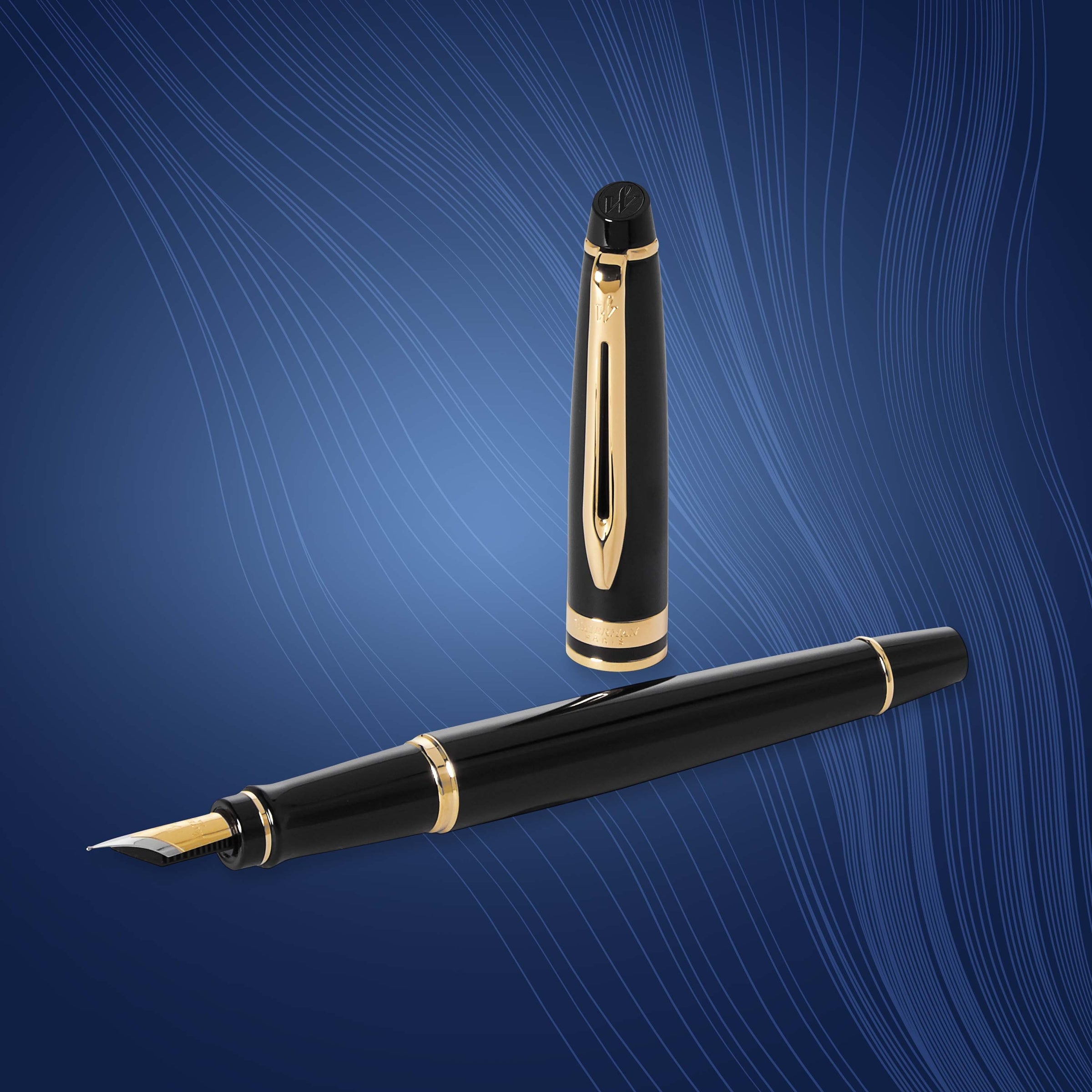 Waterman Expert Black Lacquer Gold Trim Fountain Pen in Box