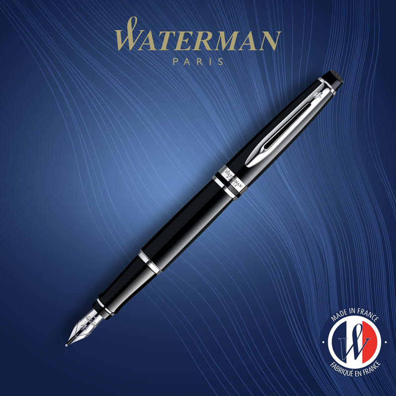 Waterman Expert Black Lacquer Chrome Trim Fountain Pen in Box