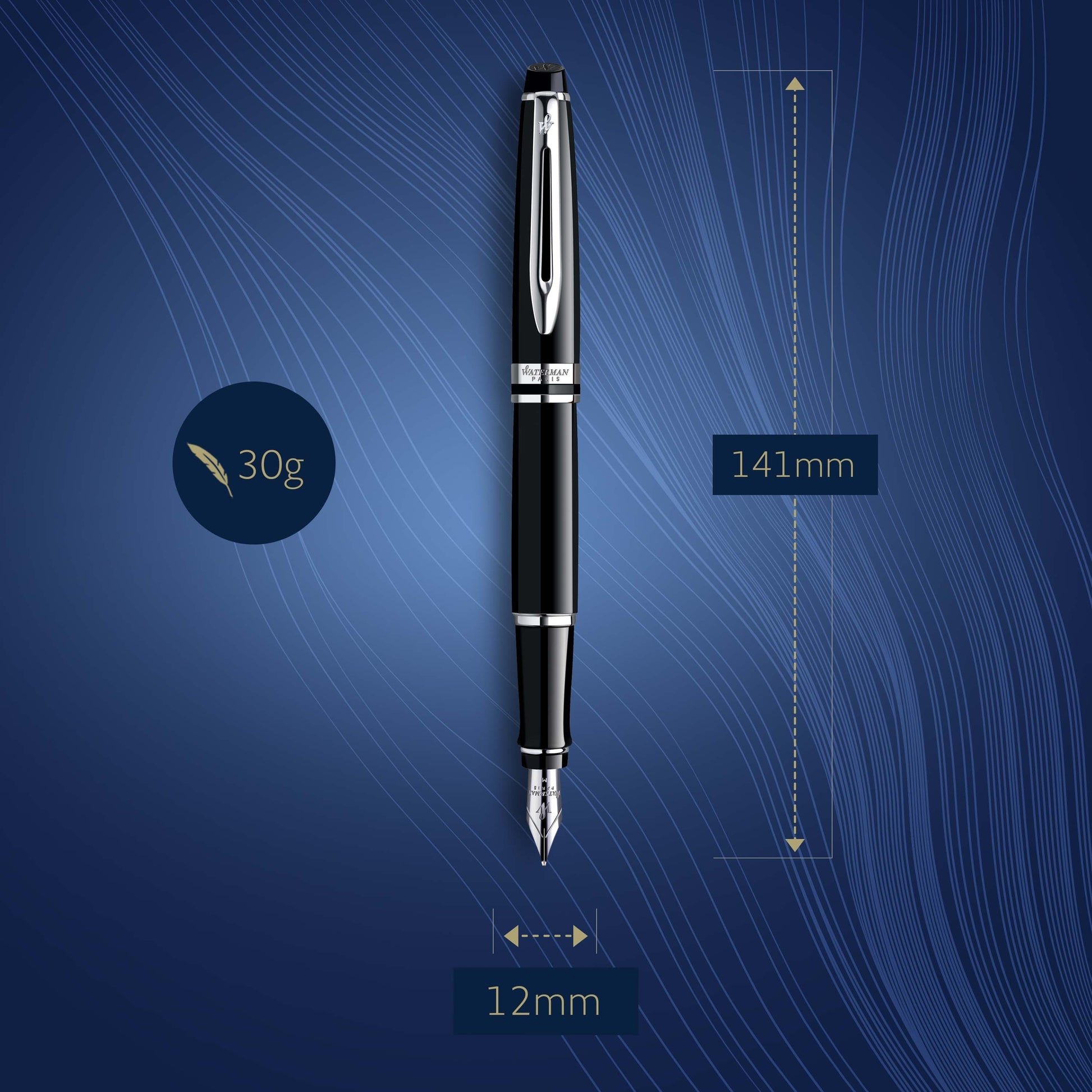 Waterman Expert Black Lacquer Chrome Trim Fountain Pen in Box