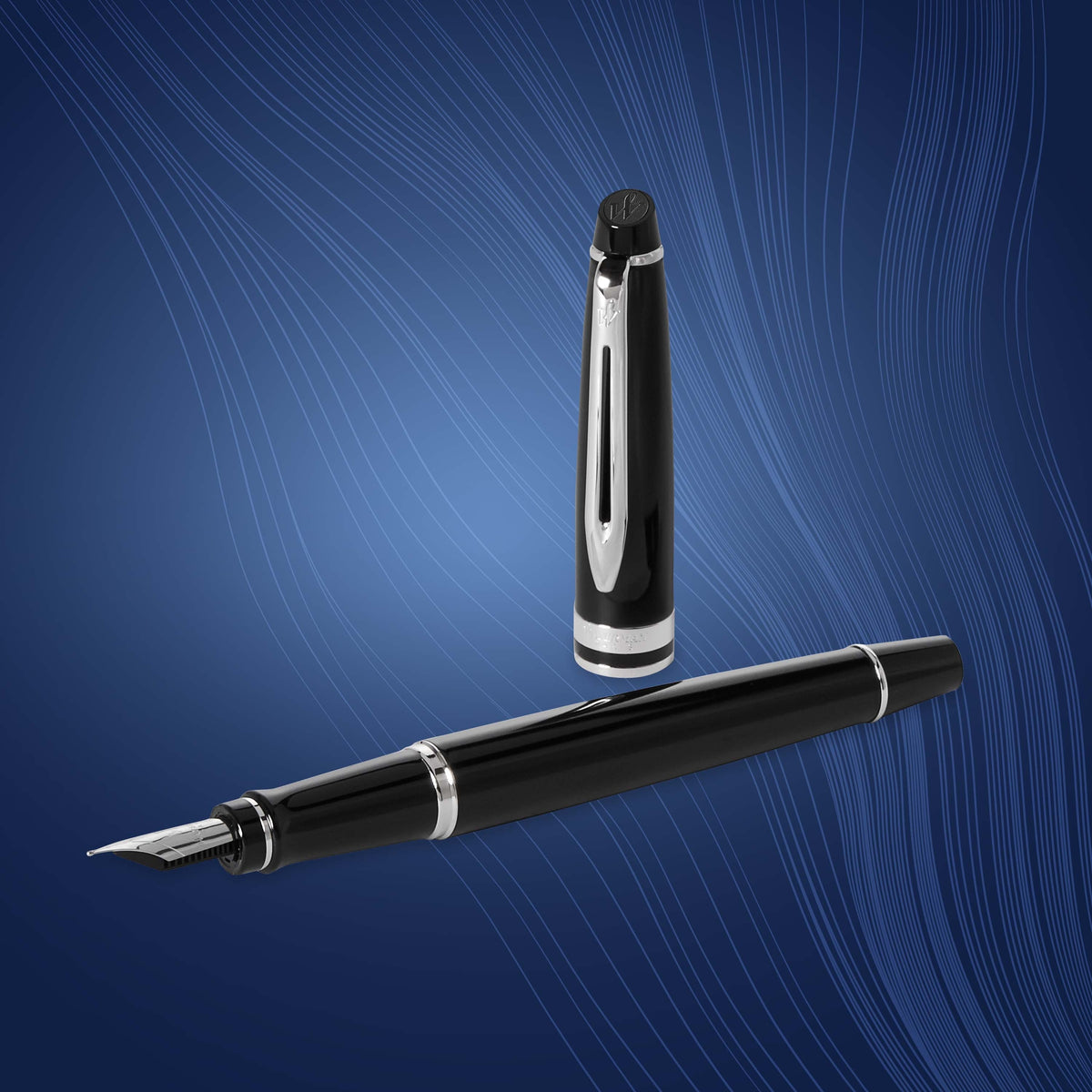 Waterman Expert Black Lacquer Chrome Trim Fountain Pen in Box