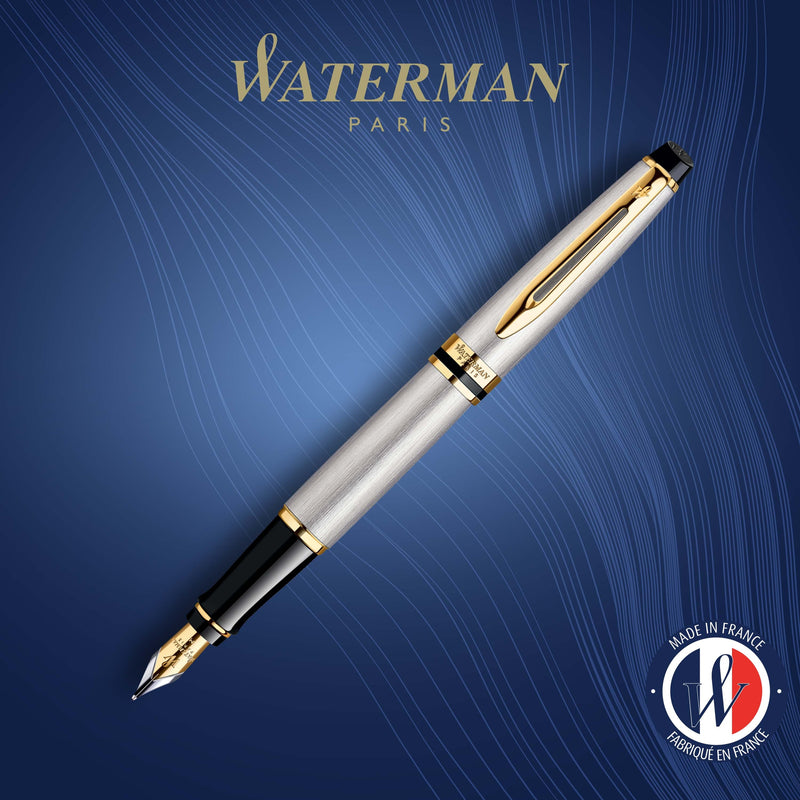 Waterman Expert Stainless Steel Gold Trim Fountain Pen in Box