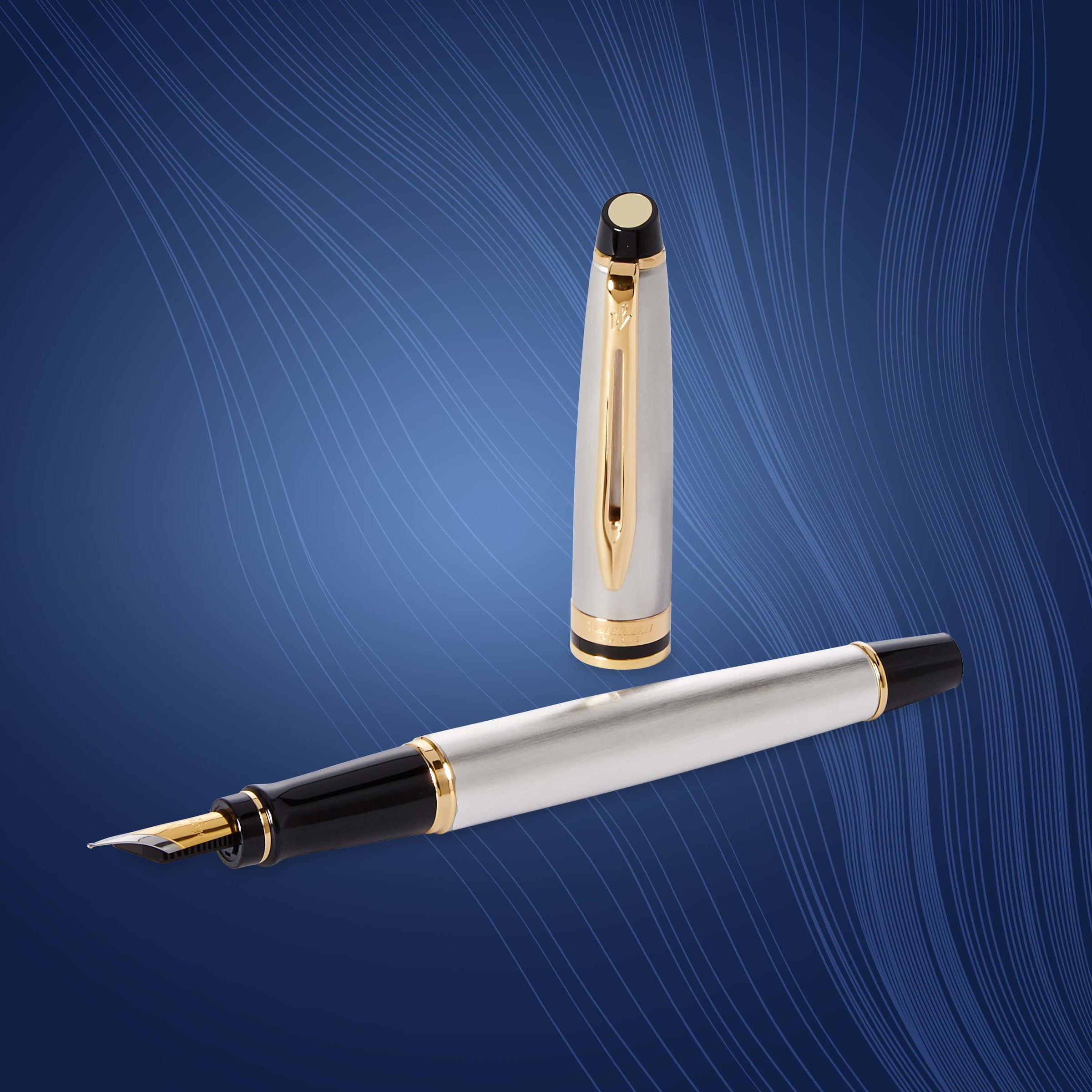 Waterman Expert Stainless Steel Gold Trim Fountain Pen in Box