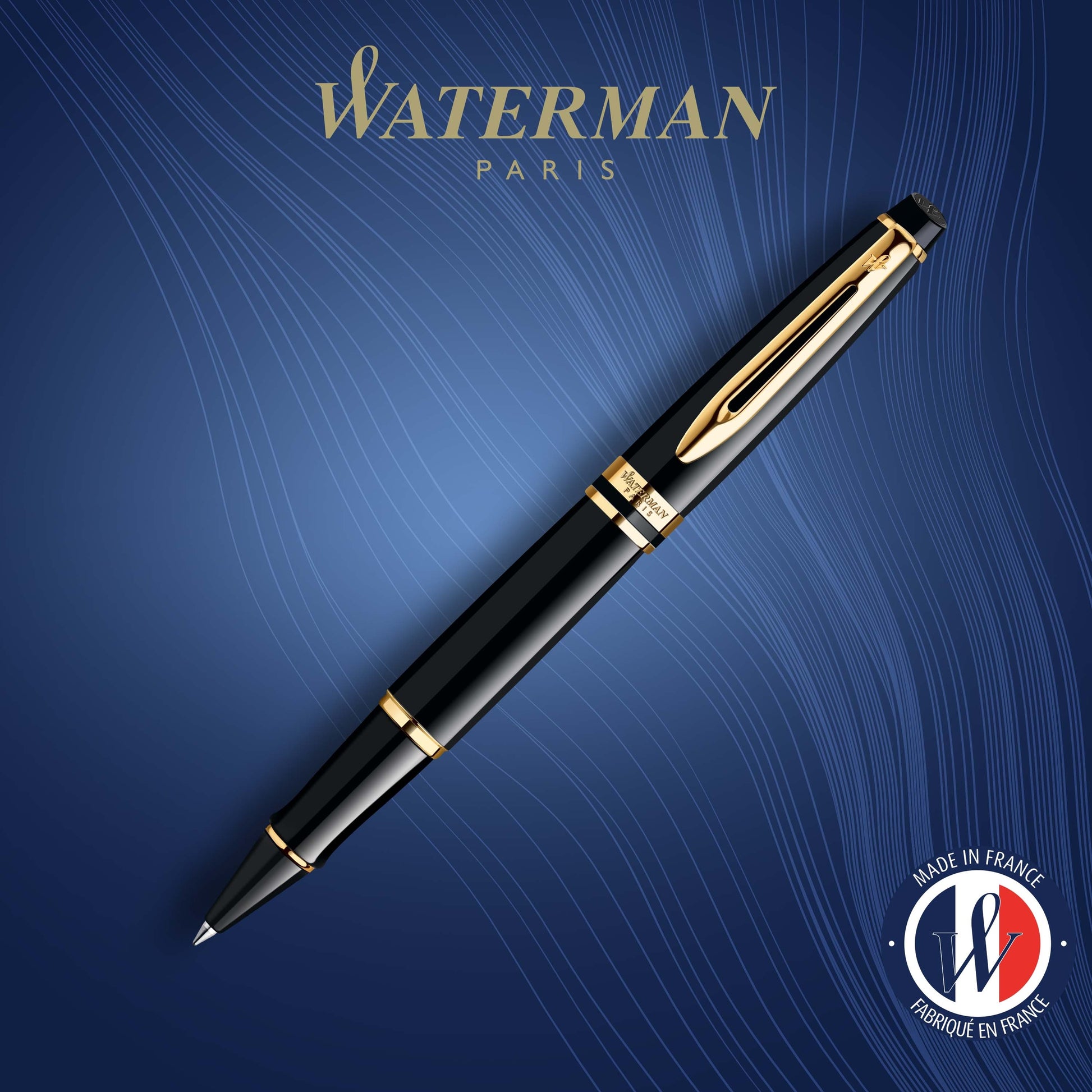 Waterman Expert Black Lacquer Gold Trim Rollerball Pen in Box