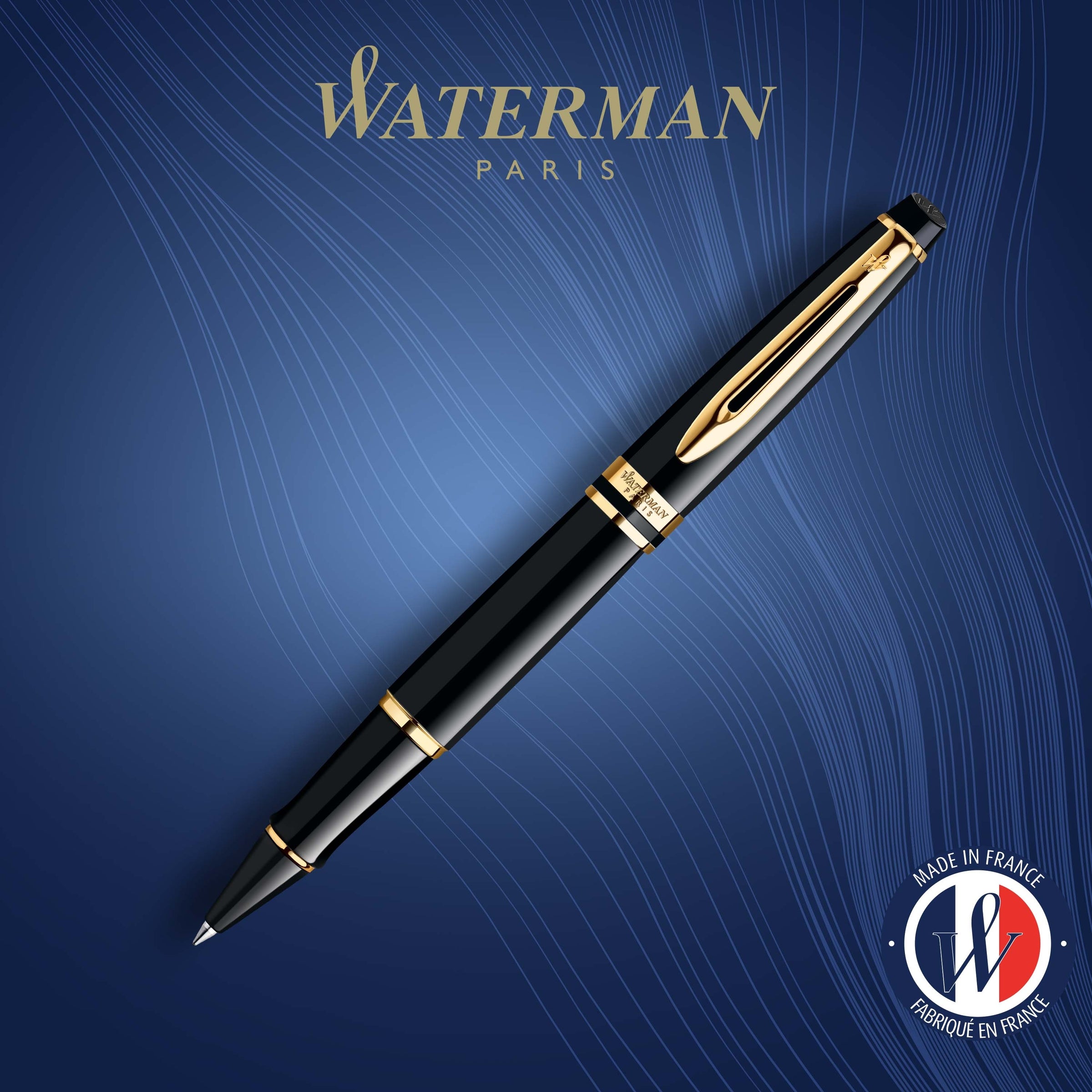 Waterman Expert Black Lacquer Gold Trim Rollerball Pen in Box