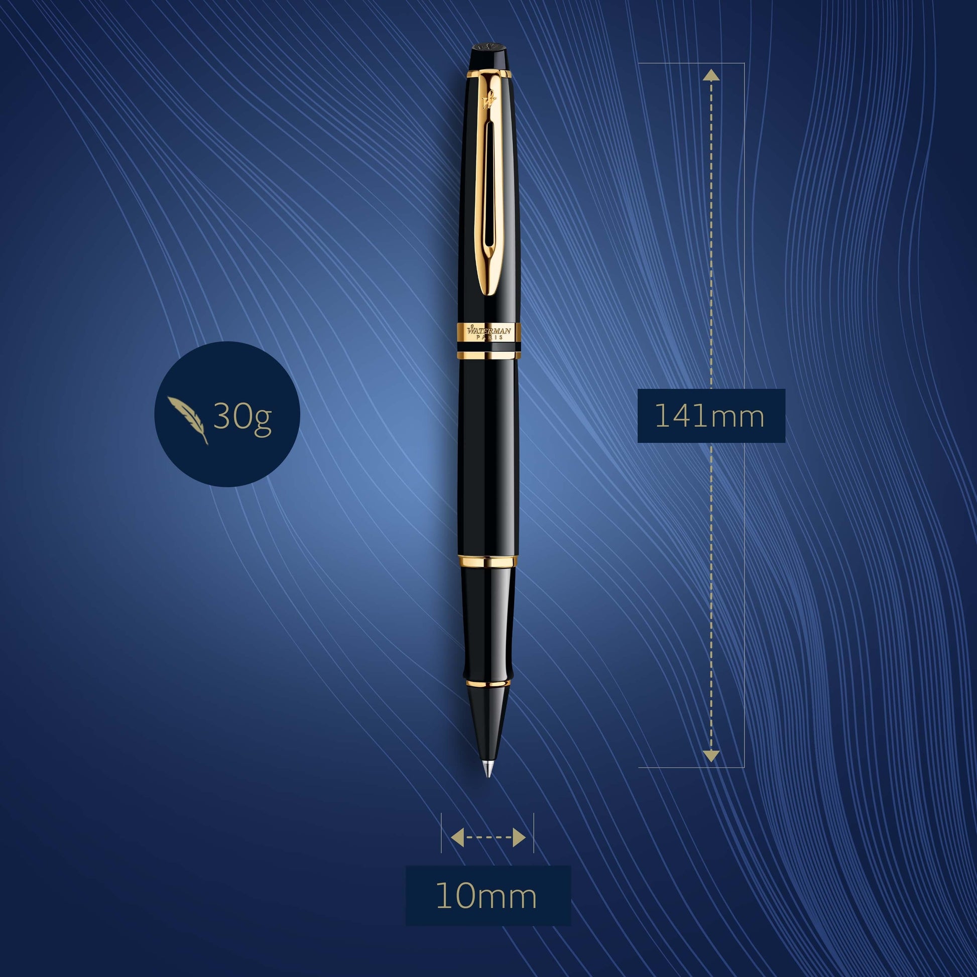 Waterman Expert Black Lacquer Gold Trim Rollerball Pen in Box