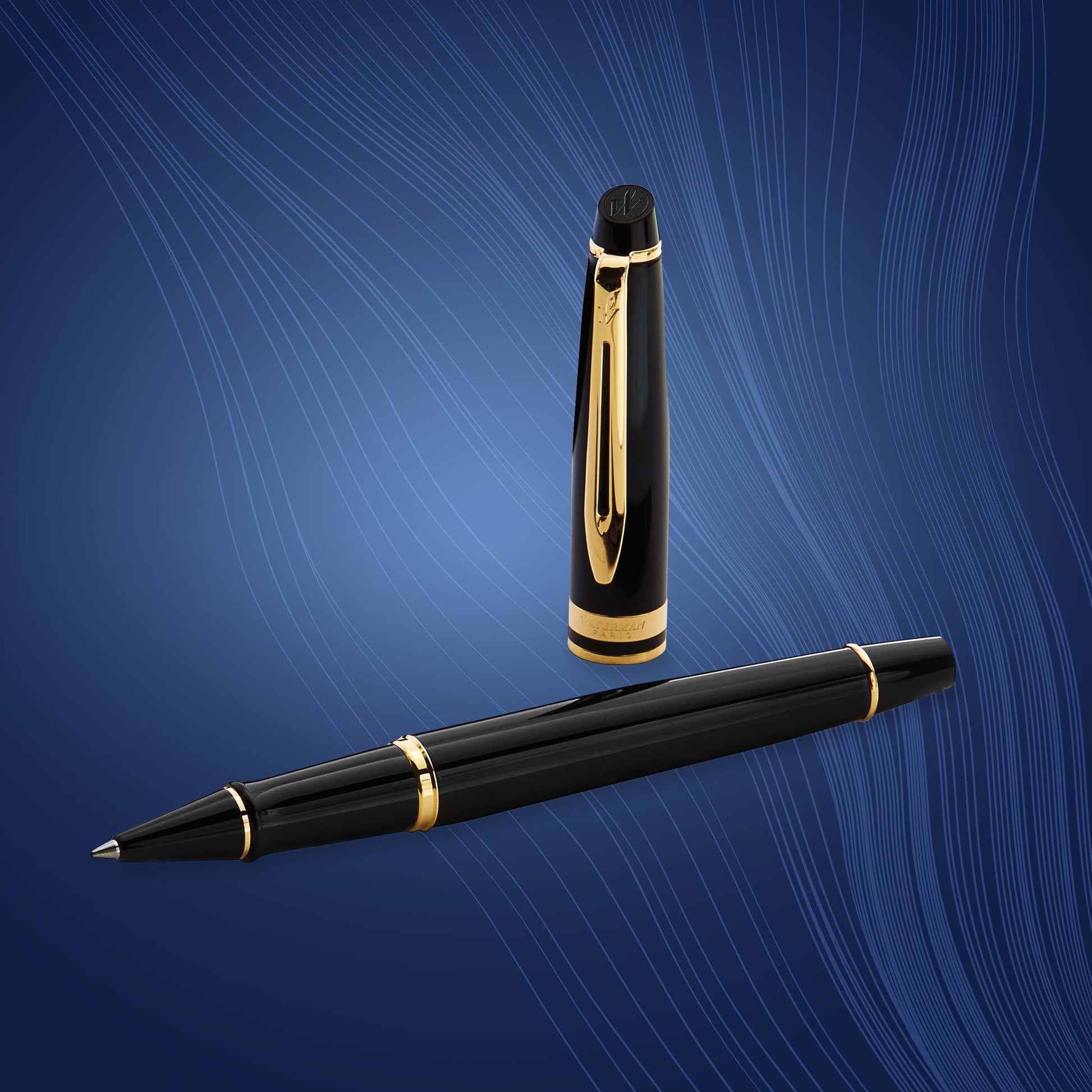 Waterman Expert Black Lacquer Gold Trim Rollerball Pen in Box
