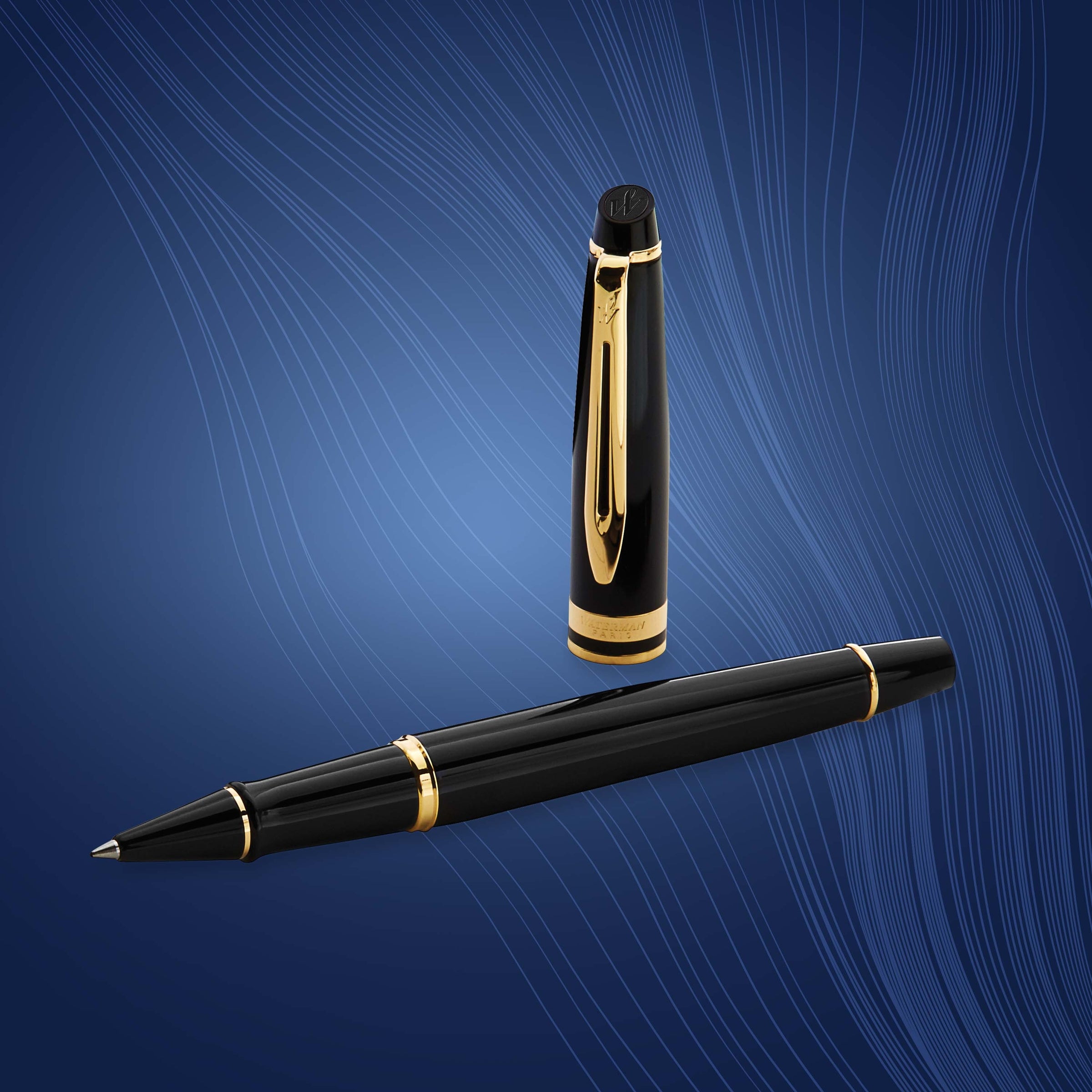 Waterman Expert Black Lacquer Gold Trim Rollerball Pen in Box