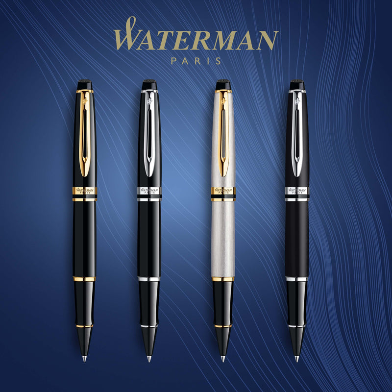 Waterman Expert Black Lacquer Gold Trim Rollerball Pen in Box