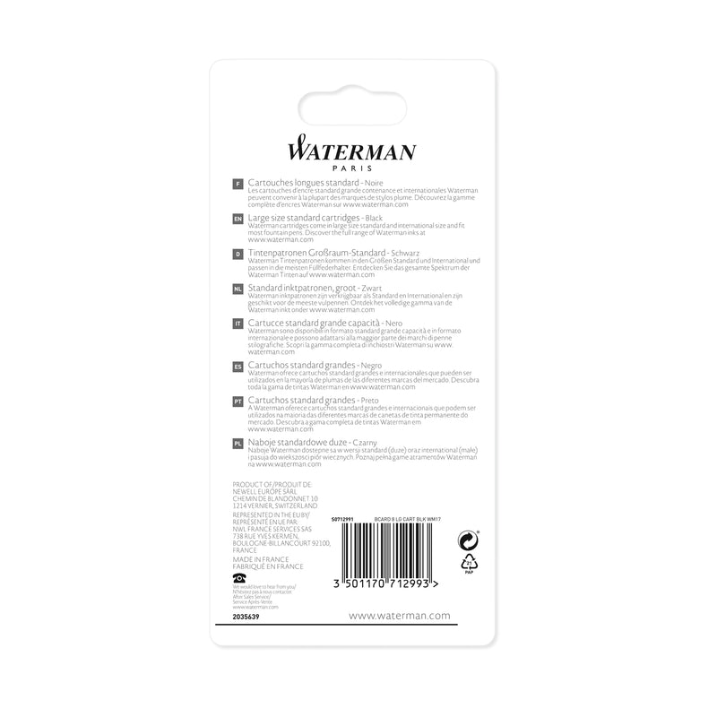 Waterman Fountain Pen Intense Black Long Cartridges 8 Pack