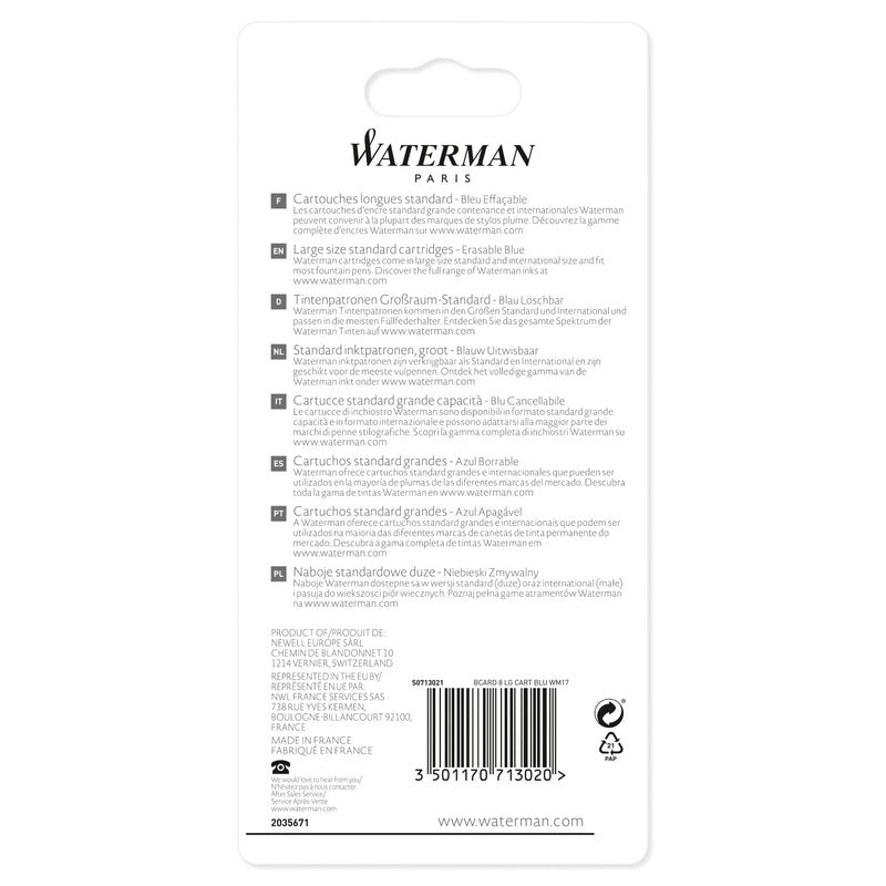 Waterman Fountain Pen Serenity Blue Long Cartridges 8 Pack in Blister Pack