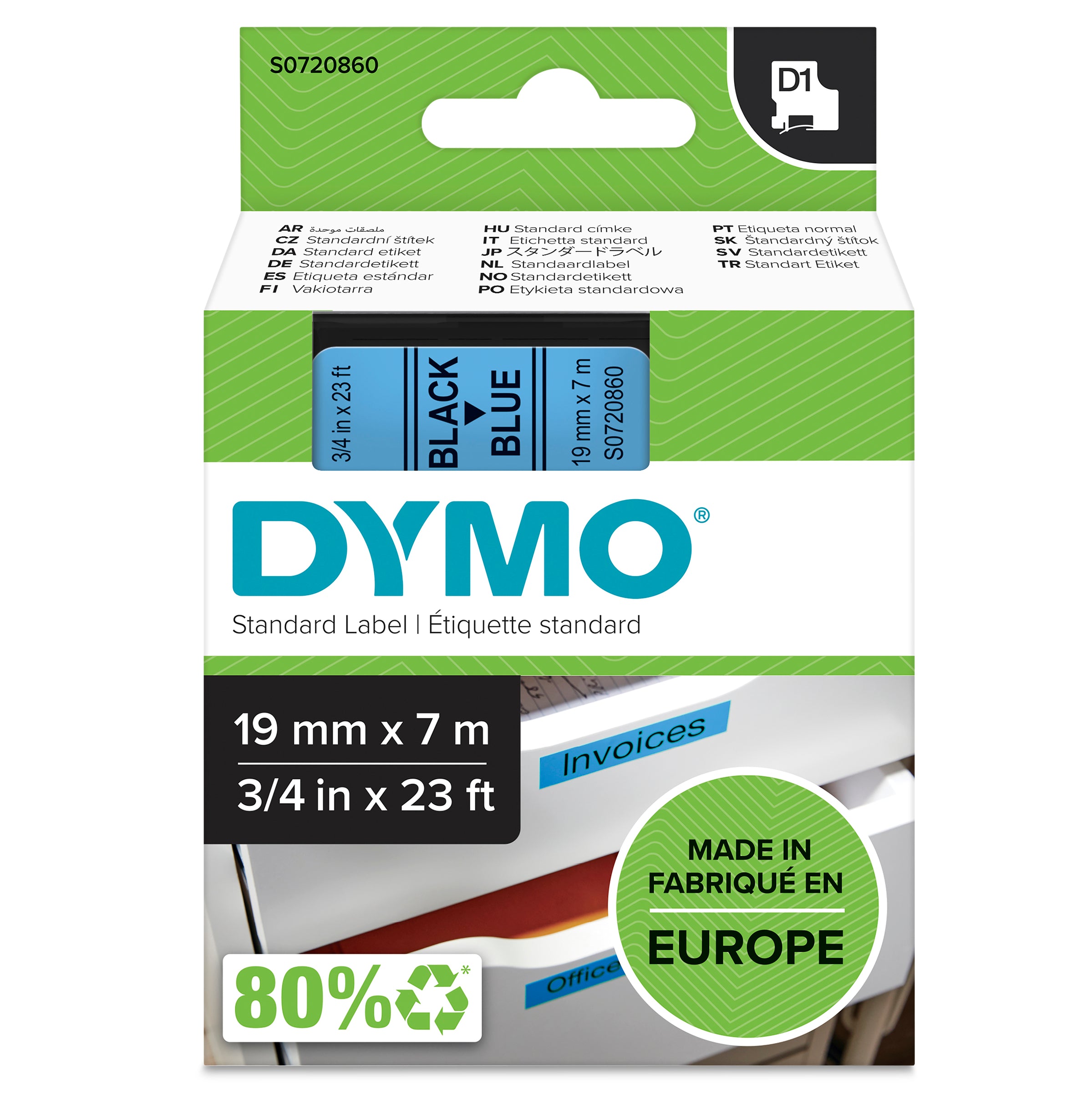 Dymo D1 Label Tape 19mm Black on Blue - product image