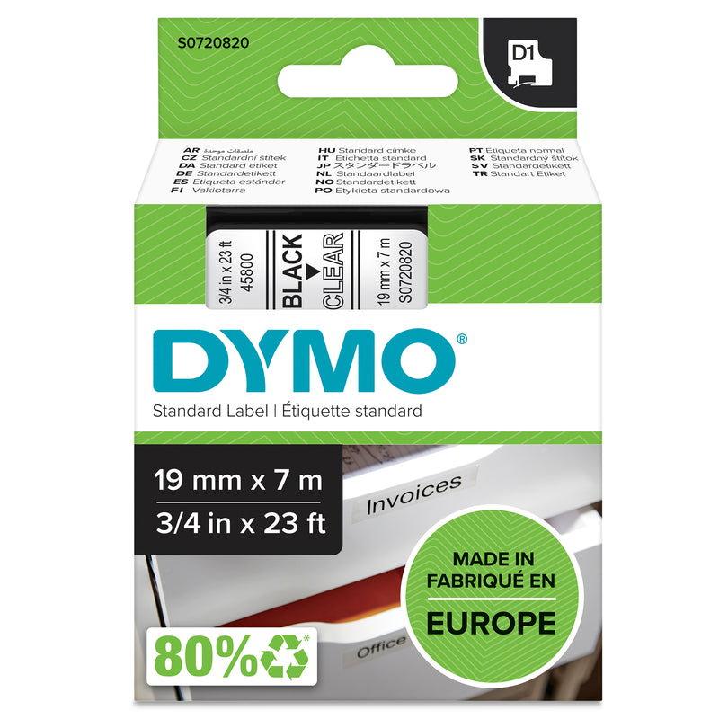 Dymo D1 Label Tape 19mm Black on Clear - product image