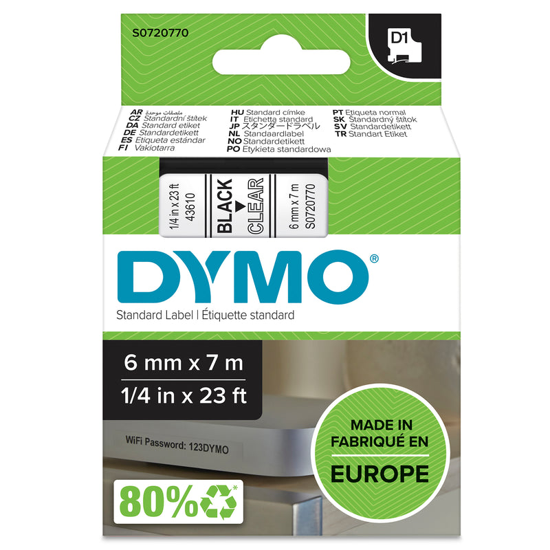 Dymo D1 Label Tape 6mm Black on Clear - product image