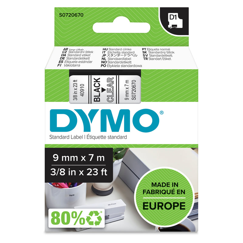 Dymo D1 Label Tape 9mm Black on Clear - product image