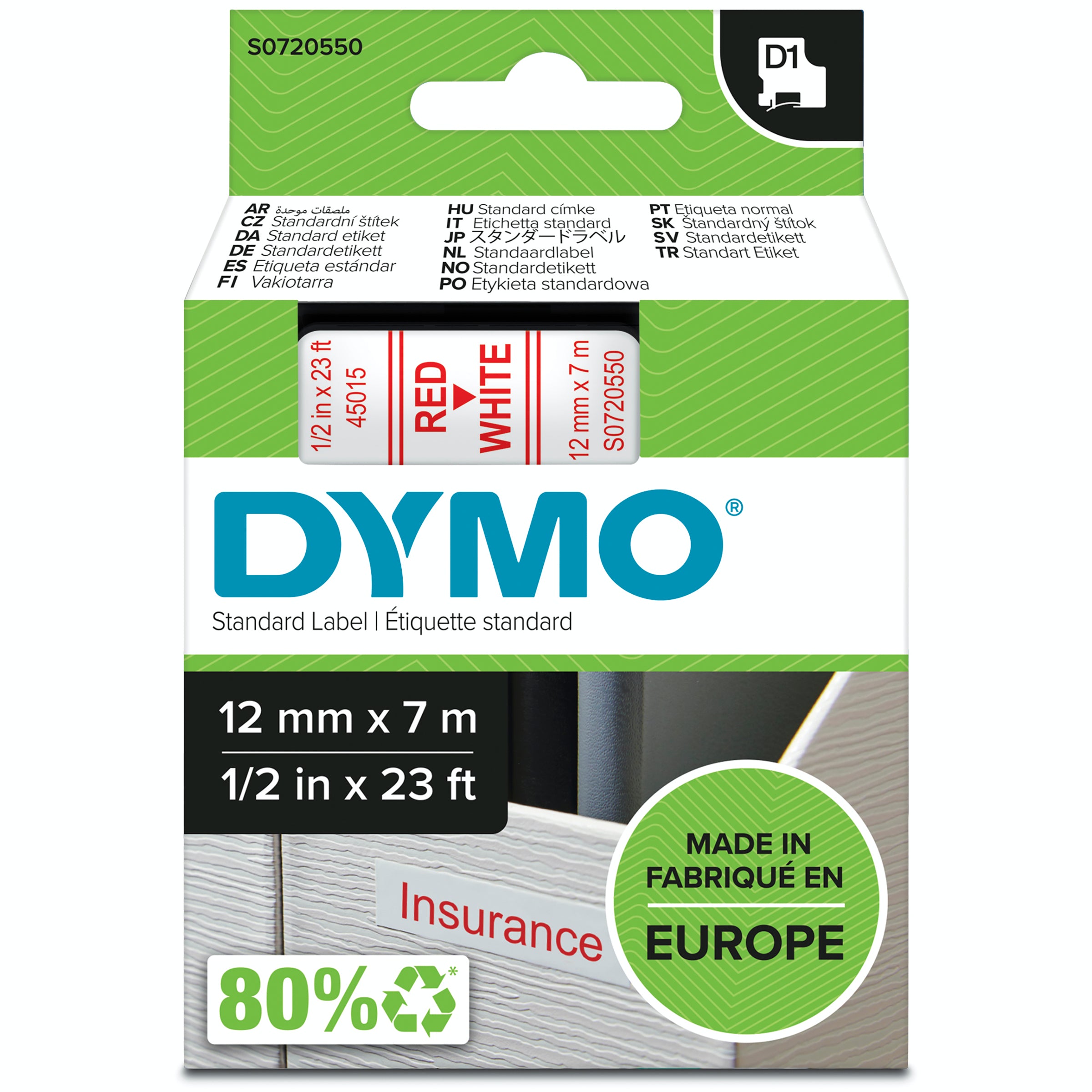 Dymo D1 Label Tape 12mm Red on White - product image