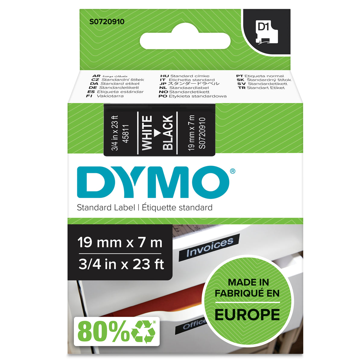 Dymo D1 Label Tape 19mm White on Black - product image