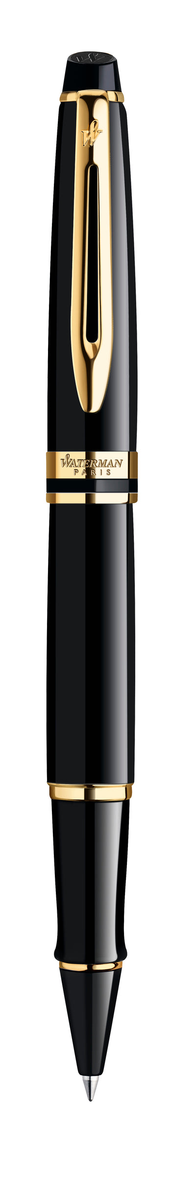 Waterman Expert Black Lacquer Gold Trim Rollerball Pen in Box
