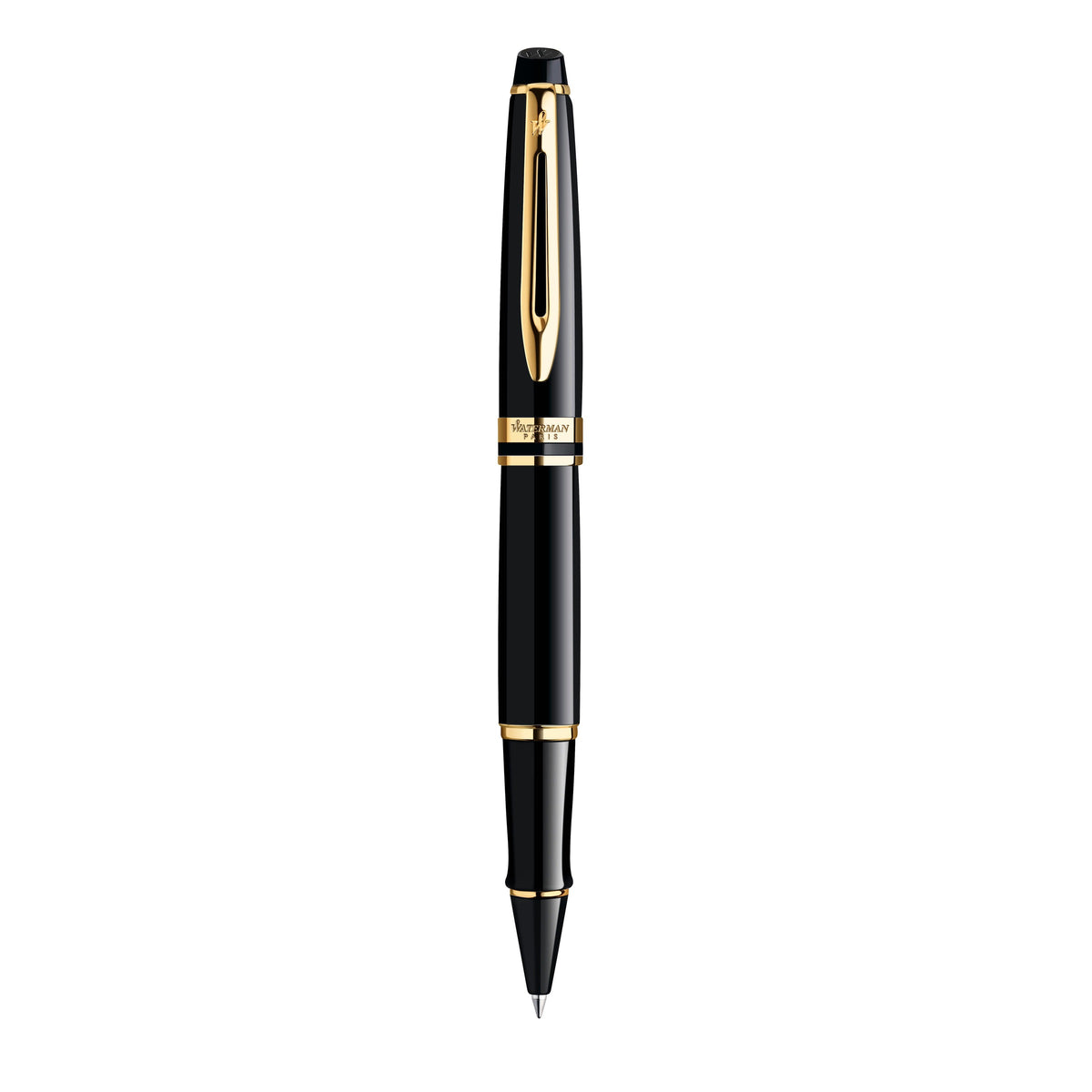 Waterman Expert Black Lacquer Gold Trim Rollerball Pen in Box