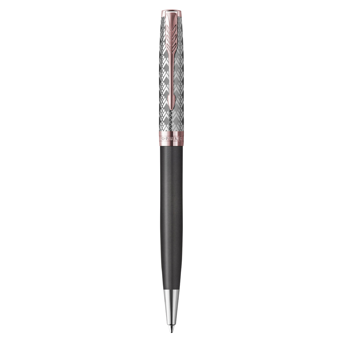 Parker Sonnet Premium Ballpoint Pen Metal Grey Lacquer and Rose Gold Trim Medium Tip