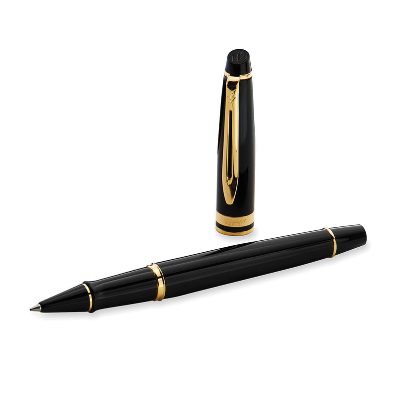 Waterman Expert Black Lacquer Gold Trim Rollerball Pen in Box