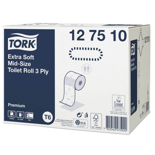 Tork Extra Soft Mid Size Toilet Roll 3 Ply Premium T6 White Carton of 27 Rolls