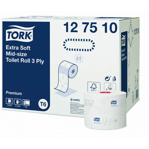 Tork Extra Soft Mid Size Toilet Roll 3 Ply Premium T6 White Carton of 27 Rolls
