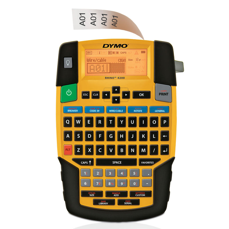 Dymo label printer with a label on a white background