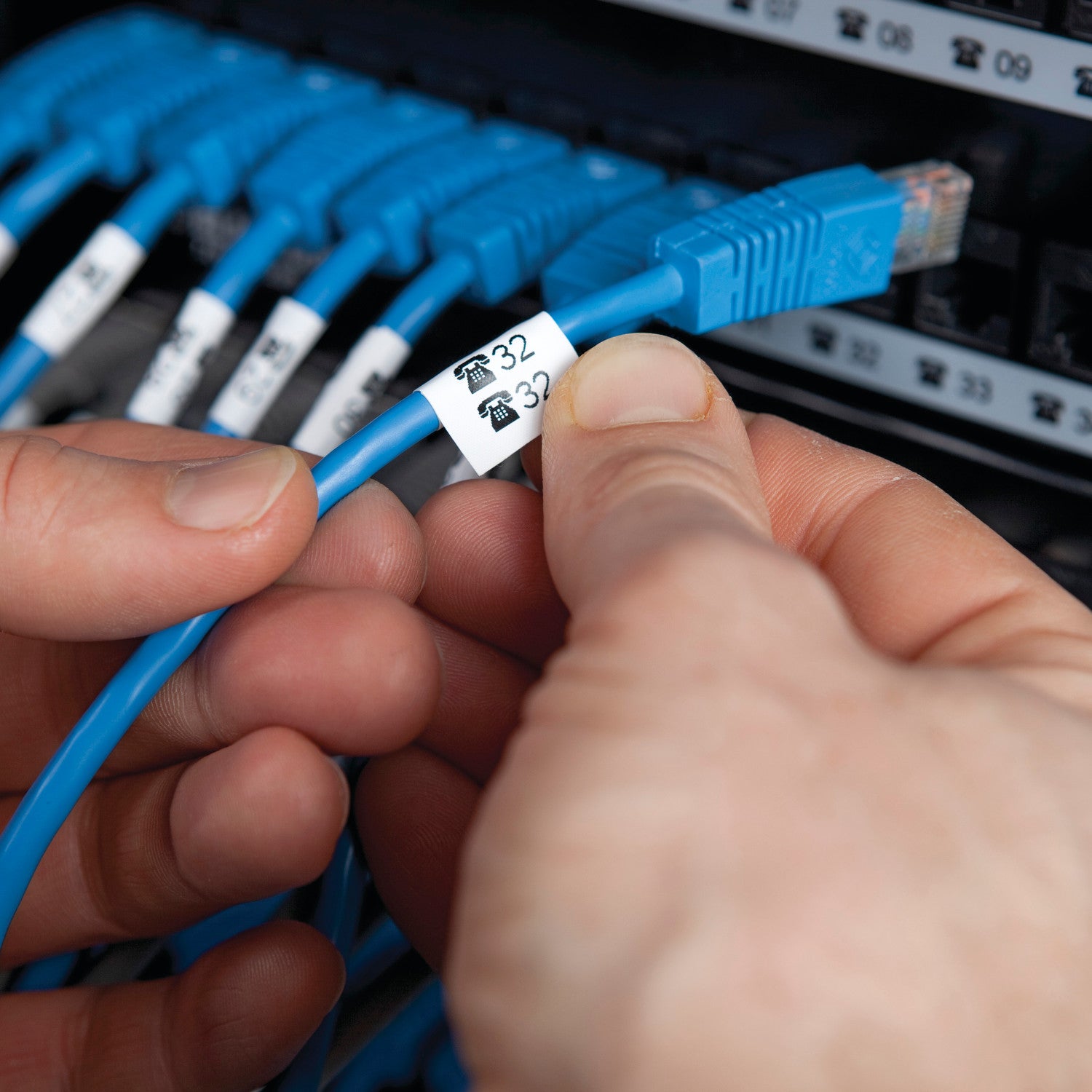 Person holding a blue Ethernet cable with a label, connected to a network switch.