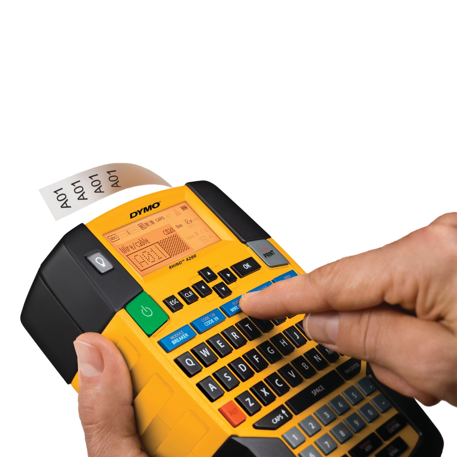 Yellow Dymo label printer with a hand pressing a button on a white background