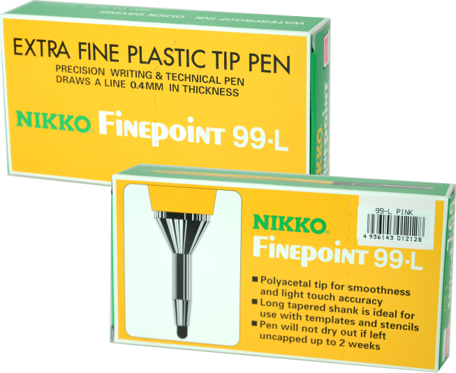 Nikko Finepoint 99-L box front and box back, back label 99-L PINK, listing polyacetal tip, long tapered shank for templates and stencils, will not dry out if left uncapped up to 2 weeks
