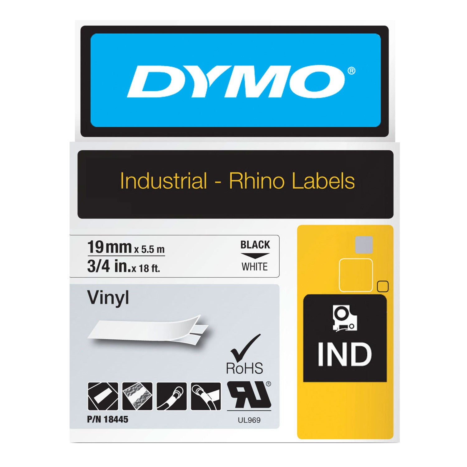 Dymo Rhino vinyl label tape 19mm x 5.5m black on white wide format for switchboard panels and racking