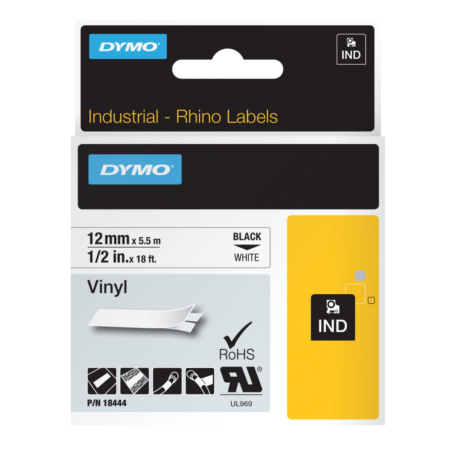 Dymo Rhino vinyl label tape 12mm x 5.5m black on white for panel labelling and larger cable identification