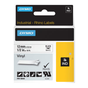 Dymo Rhino vinyl label tape 12mm x 5.5m black on white for panel labelling and larger cable identification