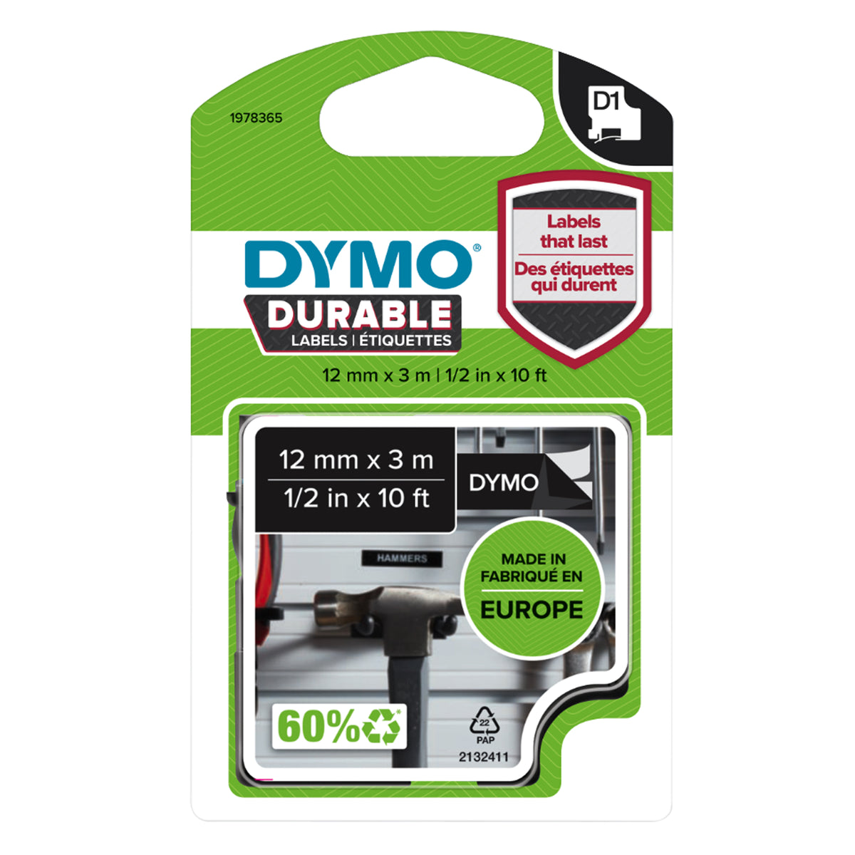 Dymo D1 Durable 12mm White on Black - Hero 2D Front