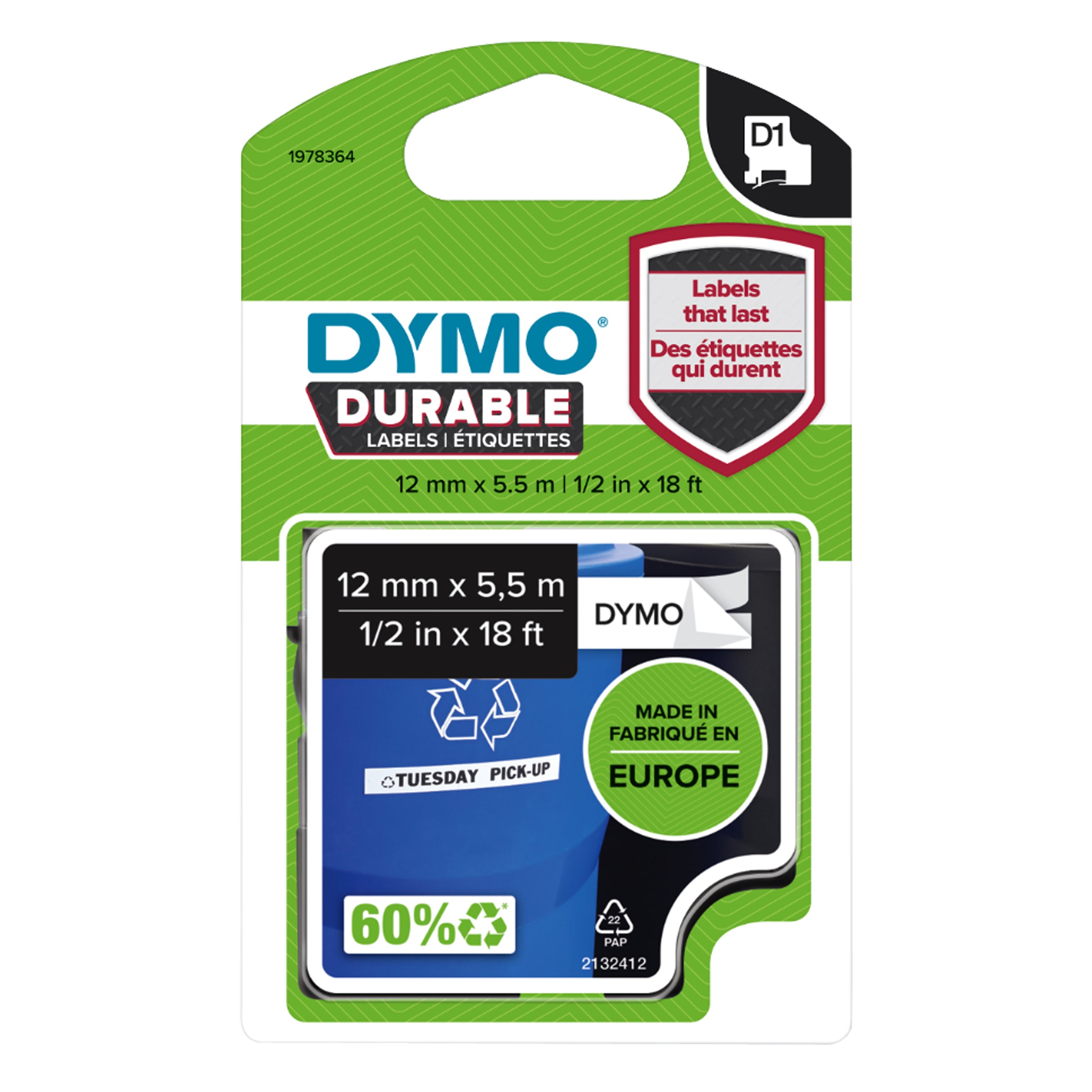 Dymo D1 Durable 12mm Black on White - Hero 2D Front