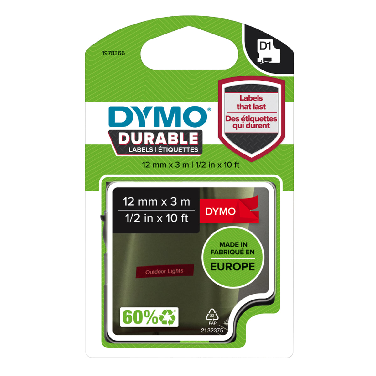 Dymo D1 Durable 12mm White on Red - Hero 2D Front