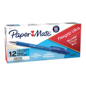 Paper Mate Flexgrip Ultra 9560131 carton lying flat, front panel showing a blue barrel pen across the box, the 12 pens count, 0.8mm ballpoint, Fine Point and blue ink in English and French